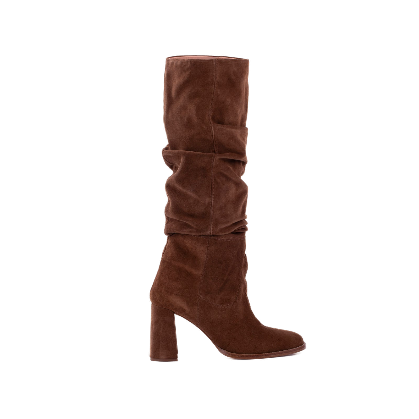 Taupe suede knee-high boot on a block heel